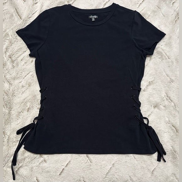 Hannah Tops - Hannah Black Lace-Up Eyelet Short Sleeve Top